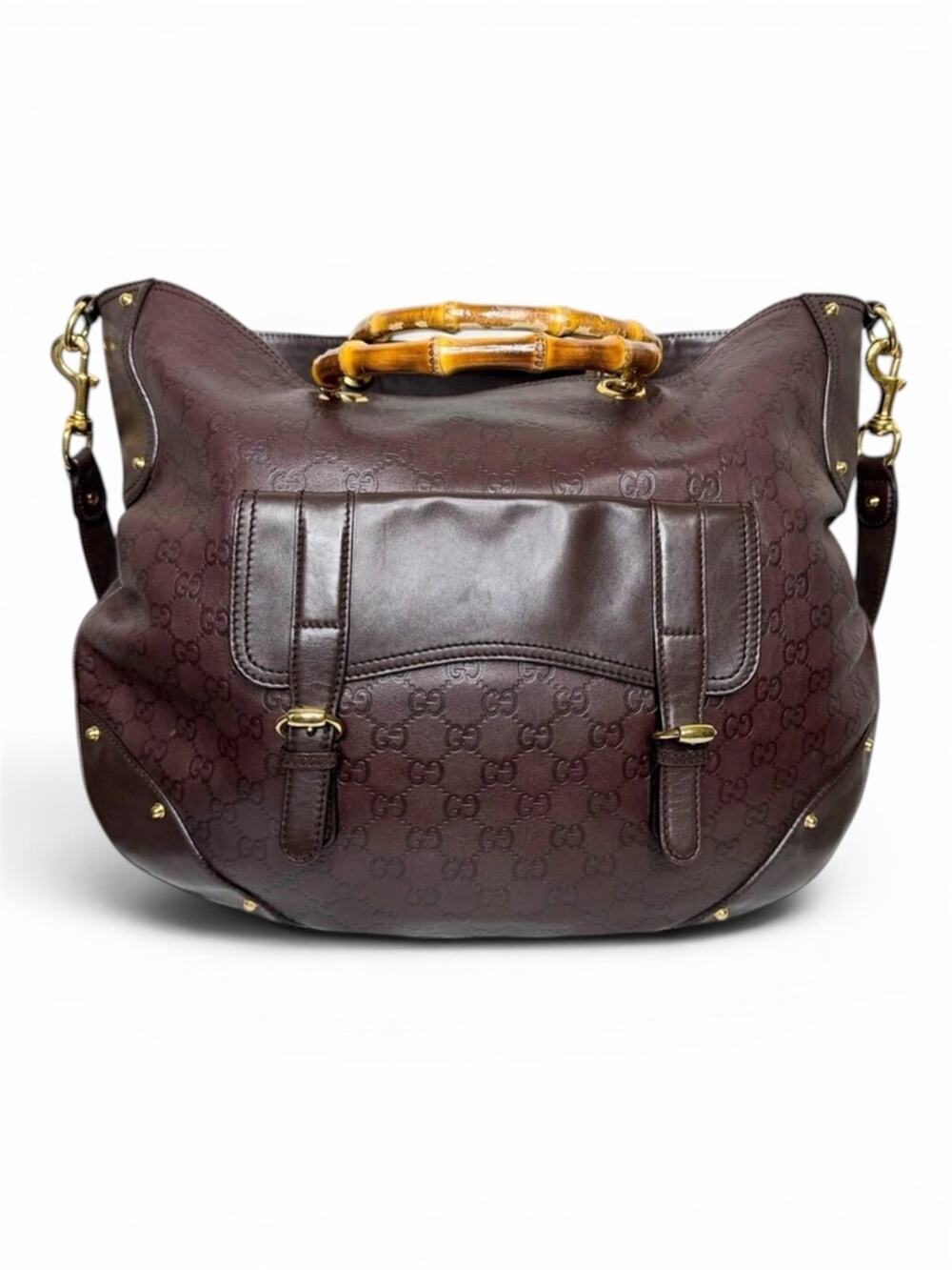 Gucci Guccissima Leather Burgundy Brown Bamboo Shoulder Caryall Tote Bag XL